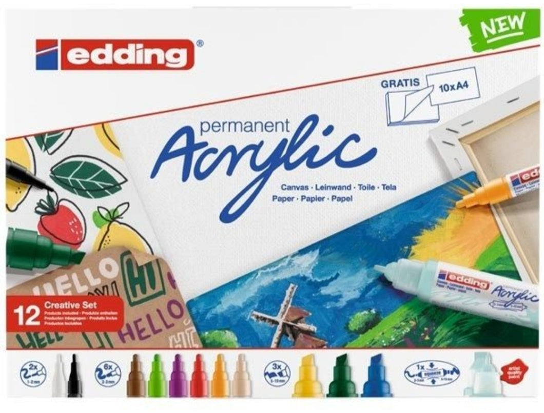 Edding - Permanent Acrylic Creative Set 12 Plus A4 Atist Pad 10 Sheet
