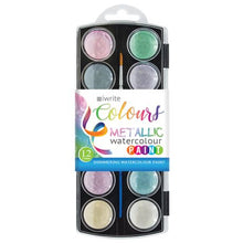 Load image into Gallery viewer, iWrite Colours Metallic Watercolour Paint Tray - 12 Colours With Brush
